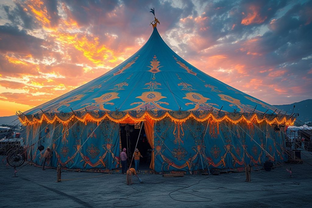 Monter un chapiteau de cirque pour couvrir une scène de festival