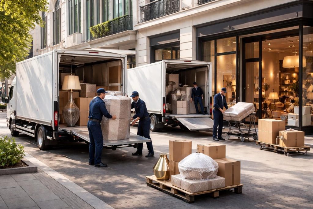 Livraison décoration avec des camions équipés de hayon élévateur pour boutiques et décorateurs