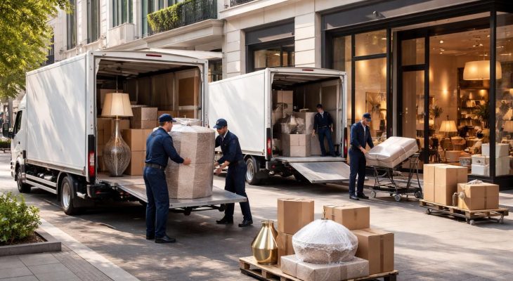 service de livraison professionnelle de décoration avec camions équipés de hayon élévateur, spécialement conçue pour les boutiques et décorateurs, garantissant une manutention facile et sécurisée.