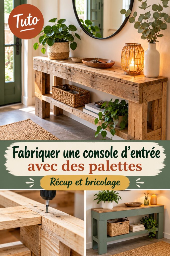 Console d'entrée faite maison en palettes de bois, élégante et pratique.