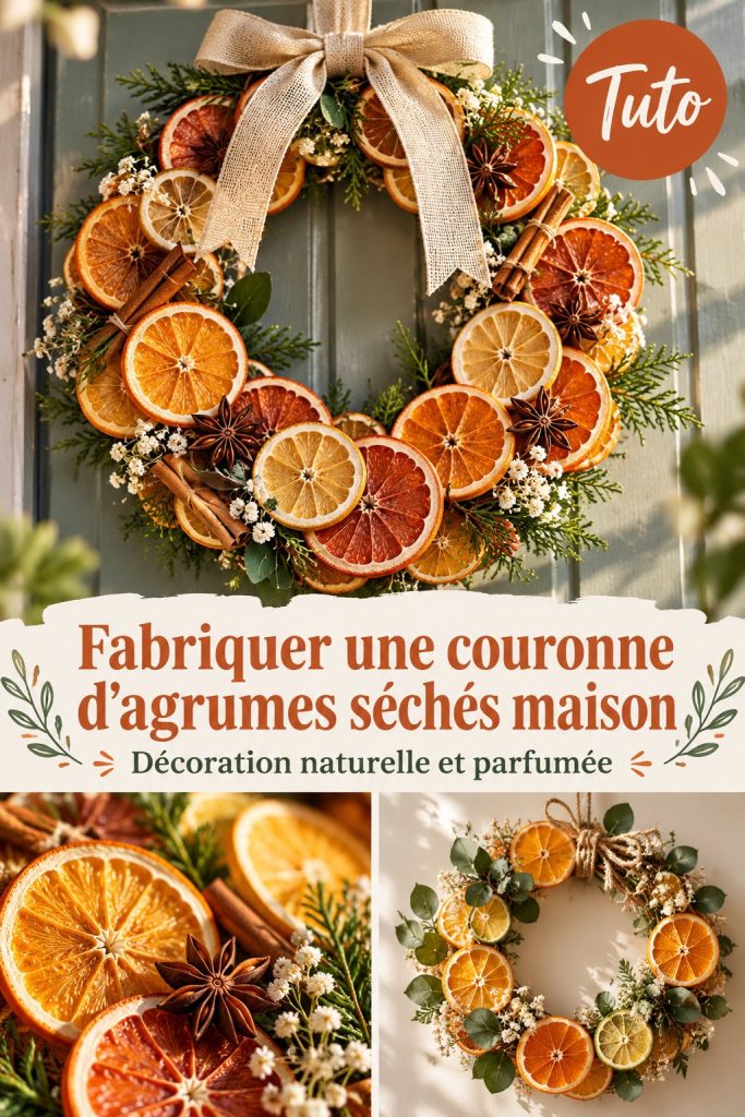 Une couronne faite d'agrumes séchés, décorant une porte en bois.