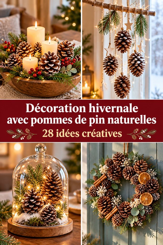 Décoration hivernale avec des pommes de pin naturelles sur une table en bois.