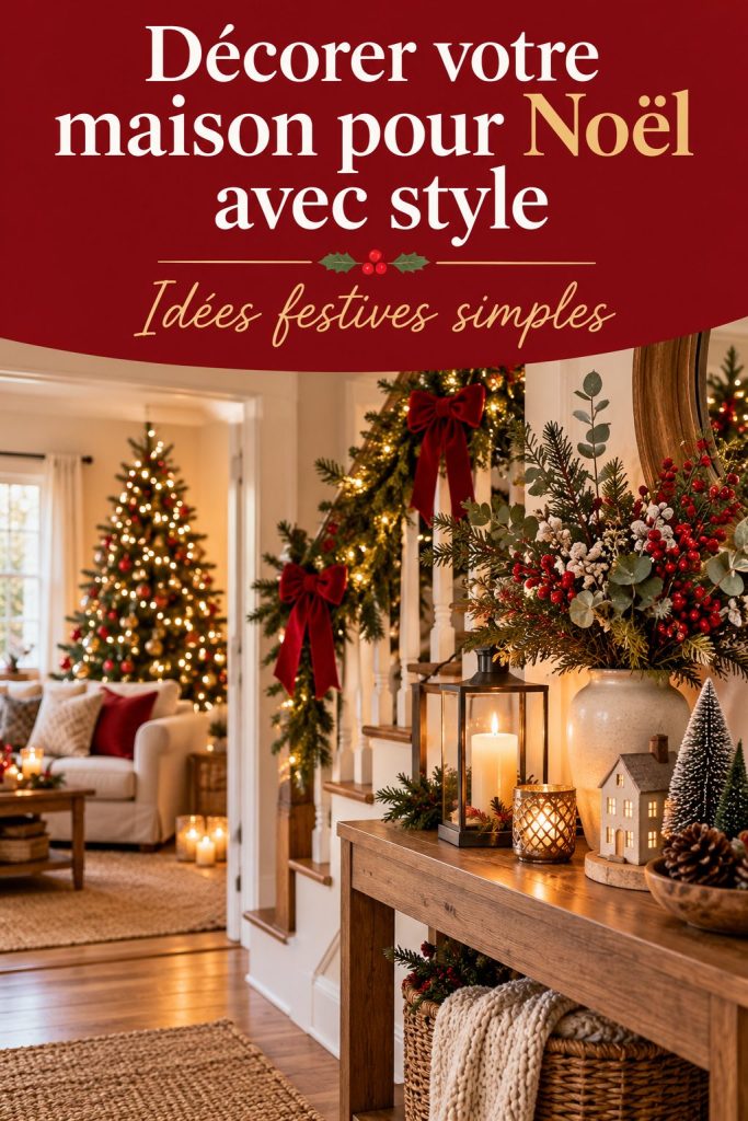 Un salon décoré pour Noël avec des guirlandes elegantement disposées et un sapin de Noël majestueux.