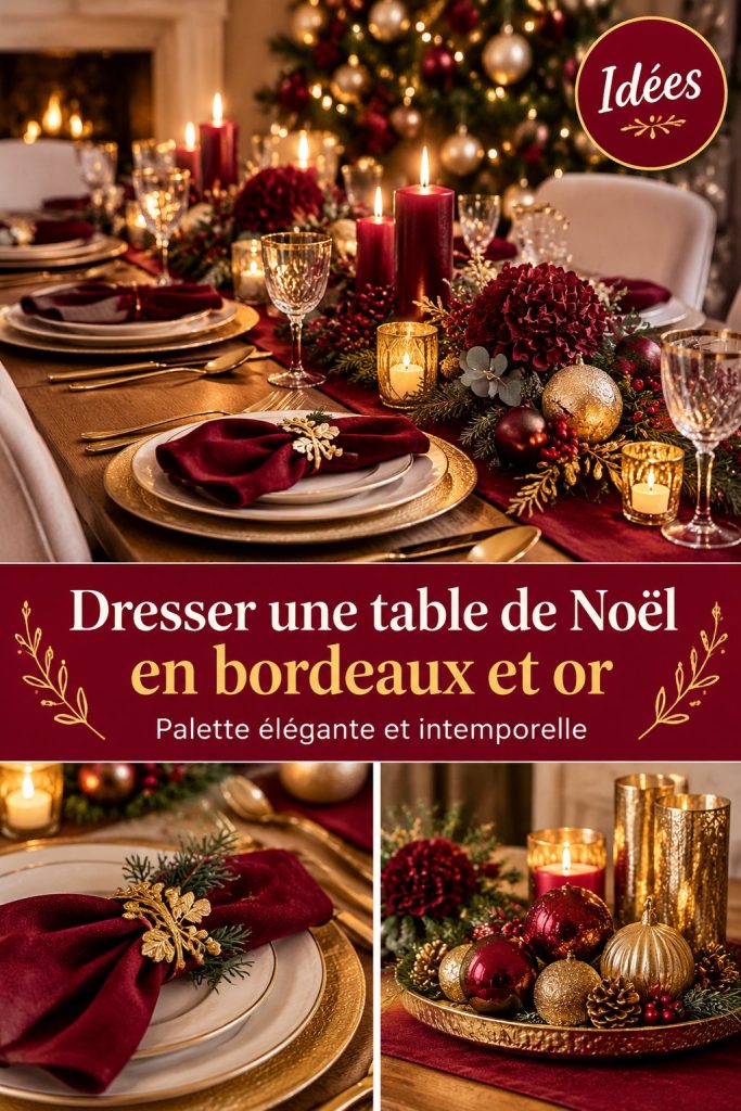 Table de Noël décorée en bordeaux et or avec élégance.