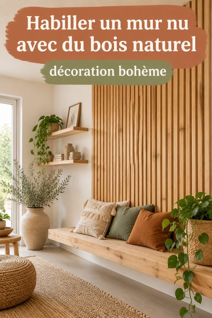 Panneau mural en bois naturel dans un intérieur bohème
