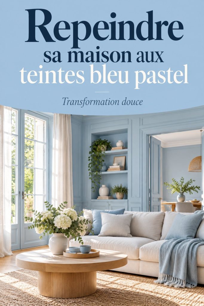 Intérieur d'une maison peinte en bleu pastel, avec des meubles en bois clair